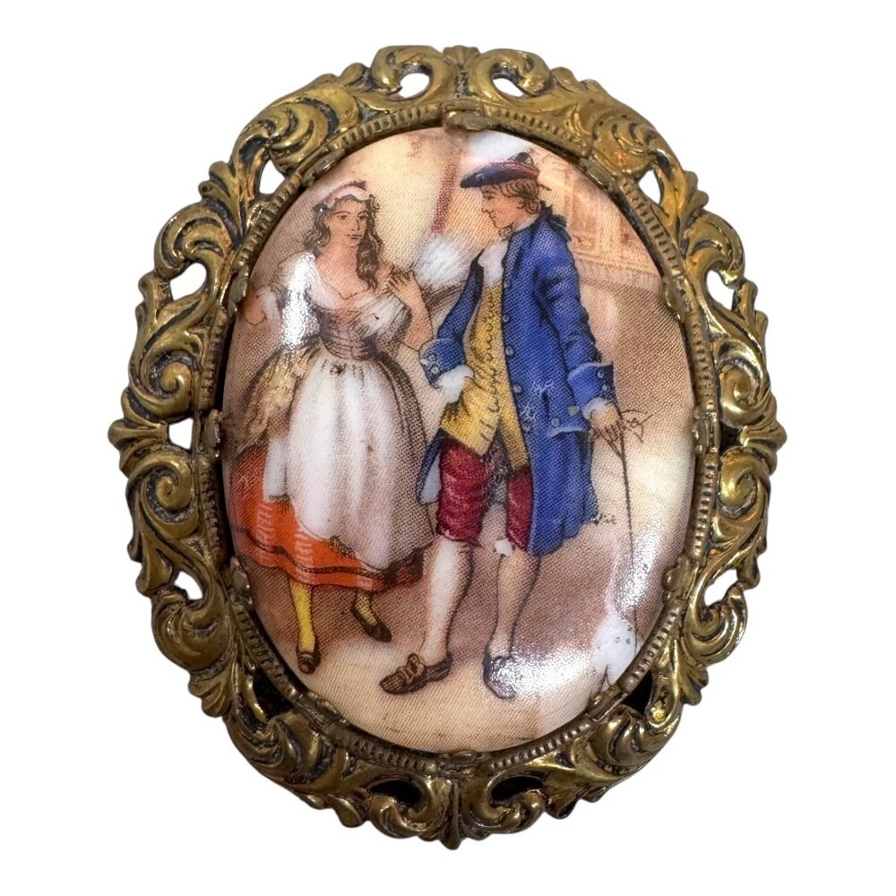 Vintage Victorian Gold Gilt Porcelain Brooch Courting Couple Romantic Scene 2"